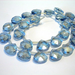 Blue Smoke Silk 9mm Crystal briolettes flat heart top drilled checker faceted