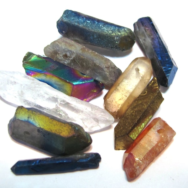 Rock crystal points 10 piece sampler set small mixed natural and coated colors