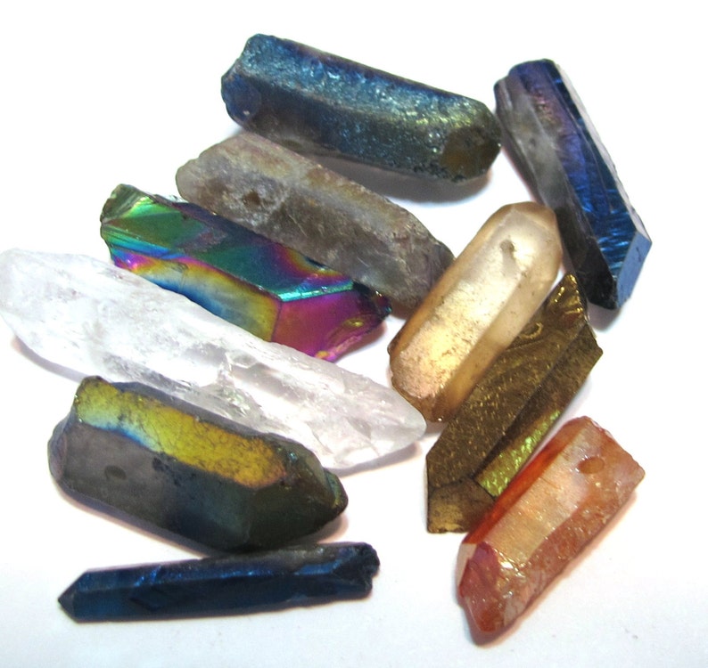 Rock crystal points 10 piece sampler set small mixed natural and coated colors image 1