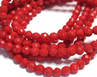 Red coral faceted 4mm round beads whole strand