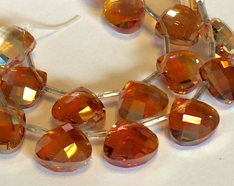 Copper apricot faceted 13mm Crystal briolettes flat heart top drilled checker faceted