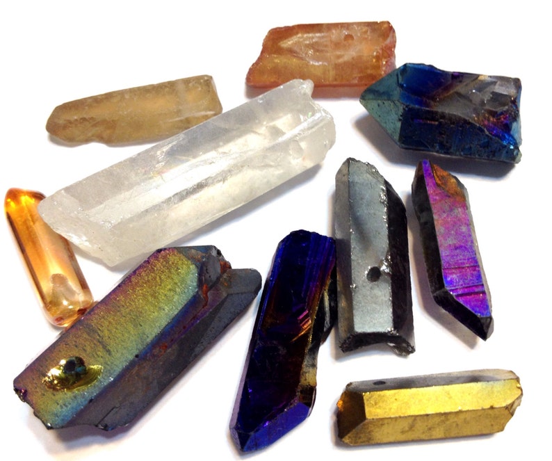 Rock crystal points 10 piece sampler set small mixed natural and coated colors image 2