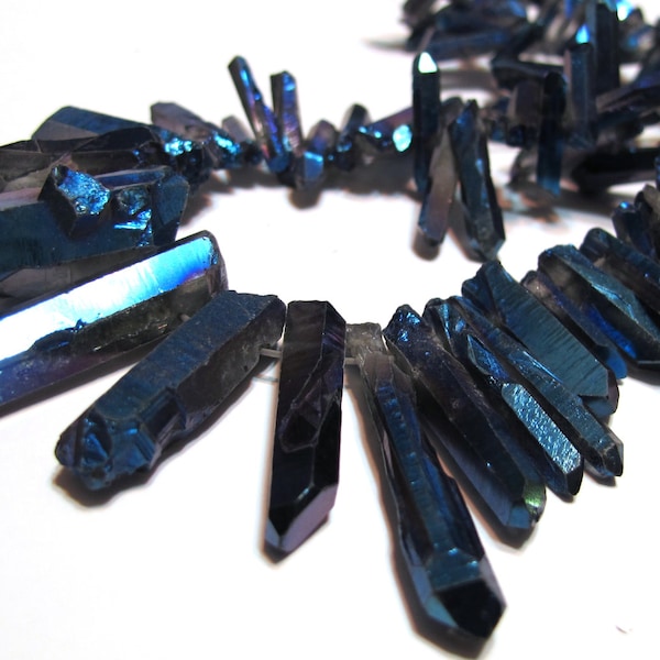 Natural rock crystal points druzy type titanium coated Electric Cobalt blue color