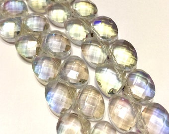 Clear AB Faceted 9mm Crystal briolettes flat heart top drilled checker faceted