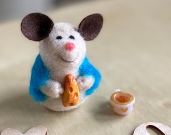 Little mouse with blue sweater and cheese - OOAK handmade needle felted sculpture