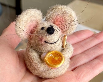 Little Mouse Fella with a Cup of Tea and Heart - OOAK handmade needle felted sculpture
