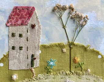 Little house with sheep - Embroidery artwork on painted artboard - 7w x 5h