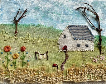 Laundry day - Embroidery artwork on painted artboard - 7w x 5h