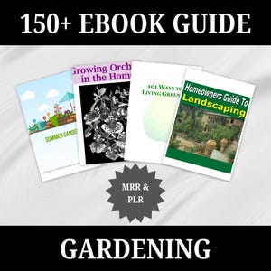 Pode incluir: Uma coleção de cinco ebooks de jardinagem com títulos como "Cultivar orquídeas em casa", "101 maneiras de viver verde", "Guia para proprietários de casas sobre paisagismo" e "Jardim de verão". Os ebooks estão dispostos em forma de estrela com uma estrela preta no centro que diz "MRR & PLR". O fundo é uma superfície branca texturizada. O texto na parte superior da imagem diz "150+ EBOOK GUIDE". O texto na parte inferior da imagem diz "JARDINAGEM".