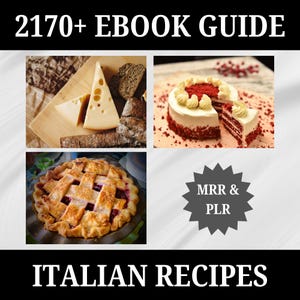 Può includere: Una guida di prodotto digitale per oltre 2170 ricette italiane, con immagini di una torta di velluto rosso, una torta con crosta a reticolo e un pezzo di formaggio. La guida include i diritti MRR e PLR.