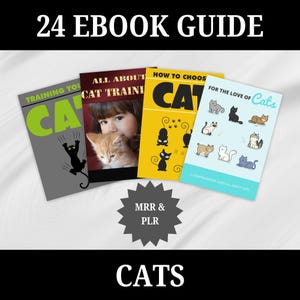 Puede incluir: Una colección de 24 libros electrónicos sobre gatos, que incluyen títulos como "Training Your Cat", "All About Cat Training", "How to Choose a Cat" y "For the Love of Cats". Los libros electrónicos se muestran en una superficie blanca con un gráfico de estrella gris en el centro.