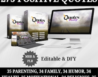 Könnte beinhalten: Ein digitales Produkt-Mockup mit einem Computerbildschirm, einem Laptop und drei E-Books. Der Computerbildschirm und die E-Books zeigen den Text "Quotes Buddy" und den Text "275 Positive Quotes". Die E-Books sind mit "MRR & PLR" und "Editable & DFY" gekennzeichnet. Der Text unter den E-Books lautet "35 Parenting, 34 Family, 34 Humor, 34 Health, 35 Motivational, 34 Religious, 35 Romantic, 34 Education".