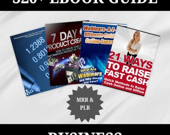 May include: A collection of five ebooks on business topics, including "7 Day Product Creation", "Webinars - A-Z - Ultimate Guide to Online Success", "What Are Webinars and Why Should You Care?", "21 Ways to Raise Fast Cash", and "Pricing Strategies & The Secrets To Online Success - The Numbers Don't Lie". The ebooks are arranged in a starburst pattern with the words "MRR & PLR" and "BUSINESS" in large letters below.