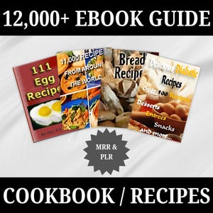 May include: A collection of five cookbooks with colorful covers. The titles include "111 Egg Recipe", "11,000 Recipe From Around The World", "Bread Recipe", "Delicious Diabetic Recipes", and "Over 500 Recipes". The cookbooks are arranged in a circle with a star-shaped gray label in the center that reads "MRR & PLR". The background is white.