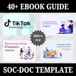 May include: A colorful graphic with the text "40+ EBOOK GUIDE" at the top. The graphic is divided into four sections, each with a different illustration and text. The sections are titled "Tik Tok Marketing Templates", "Content Research and Brainstorming Templates", "Sponsorship Proposals Templates", and "Leverage Other Peoples Audiences Templates". A large star with the text "MRR & PLR" is in the center of the graphic.