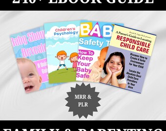 Könnte beinhalten: Eine Sammlung von fünf E-Books zu Themen rund um Familie und Elternschaft. Die Cover zeigen Illustrationen von Babys und Kindern. Die Titel lauten "Baby Shower Reveal", "Kinderpsychologie", "Baby-Sicherheitstipps", "Wie man sein Baby sicher hält" und "Ein Leitfaden für Eltern, um verantwortungsvolle Kinderbetreuung zu finden".