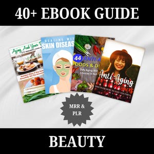 Puede incluir: Una colección de cuatro libros electrónicos sobre belleza y antienvejecimiento. Las portadas presentan imágenes de comida, una mujer con una mascarilla facial y una mujer con una camisa de cuadros rojos y blancos. El texto en las portadas incluye "Aging And Your", "Dealing With Skin Diseases", "44 Anti-Aging Foods & Diets" y "Anti-Aging Hacks".