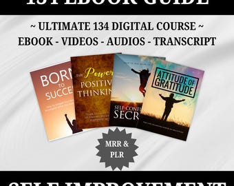 May include: A digital product bundle with a gray starburst graphic and the text "MRR & PLR". The bundle includes five self-improvement ebooks with colorful covers featuring titles like "Born to Success", "The Power of Positive Thinking", "How to Win More in Life", "Self-Confidence Secrets", and "Attitude of Gratitude".