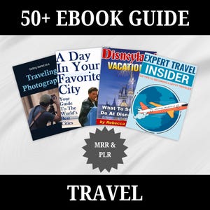 May include: A collection of five travel ebooks with titles like "A Day in Your Favorite City", "Disney Vacation Insider", and "Expert Travel Insider: Top Tips to Becoming a Savvy Traveler". The ebooks are on a white surface with a gray starburst graphic that says "MRR & PLR" and the word "TRAVEL" in black text at the bottom.