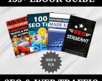 May include: A collection of four ebooks on SEO and web traffic, with titles like "100 SEO Tips Made Easy" and "SEO Sergeant". The ebooks are arranged in a square shape with a gray starburst in the center that says "MRR & PLR". The background is white.