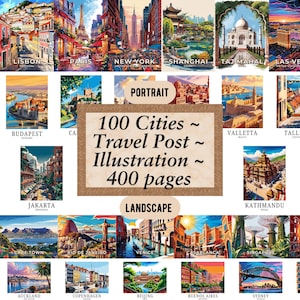 100 Cities/Travel Posters, World Travel Prints, Illustration, Digital Art Wall, Portrait, Landscape, Customizable size, Home Decor Gift Idea