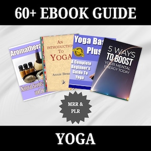 Può includere: Sono presentati quattro ebook con titoli come "Aromaterapia" e "Introduzione allo Yoga". L'immagine presenta anche il testo "60+ Ebook Guide" in alto e "Yoga" in basso.