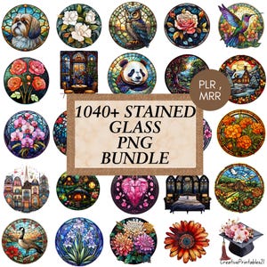 May include: A collection of 1040+ stained glass PNG images in a bundle. The images feature a variety of subjects, including animals, flowers, landscapes, and abstract designs. The images are perfect for use in digital scrapbooking, card making, and other craft projects.