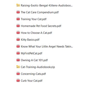 May include: A list of PDF files related to cat care, including "The Cat Care Compendium", "Training Your Cat", "Homemade Pet Food Secrets", "How to Choose A Cat", "Kitty Basics", "Know What Your Little Angel Needs Taking Care Of", "MyFirstPetCat", "Owning A Cat 101", "Concerning-Cats", and "Curb Your Cat".