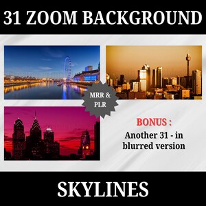 May include: A digital product listing for 31 zoom backgrounds featuring city skylines. The images include a cityscape at night with a Ferris wheel, a cityscape at sunset, and a cityscape at dusk. The listing also includes a bonus of 31 blurred versions of the same images. The listing is labeled "MRR & PLR".