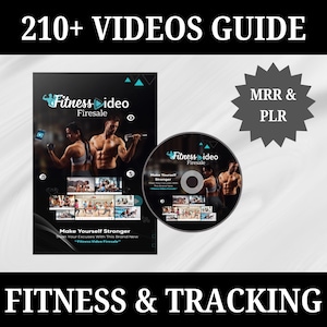 Peut inclure: Une image en noir et blanc d'un DVD avec le texte "Fitness Video Firesale" et un graphique d'un bouton de lecture. Le DVD est sur un fond blanc avec une image en noir et blanc d'un guide de remise en forme avec le texte "Make Yourself Stronger" et "Fitness Video Firesale". L'image comprend également une étoile avec le texte "MRR & PLR" et le texte "210+ VIDEOS GUIDE" en haut de l'image.