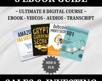 May include: A collection of eight ebooks on sales and investing, including topics like Amazon FBA, cryptocurrency, Bitcoin, and dropshipping. The ebooks are part of a digital course that includes videos, audios, and transcripts. The ebooks are labeled with MRR & PLR.