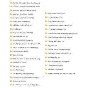 May include: A collection of zipped files with titles related to pet care, bird watching, and animal training. Topics include dog training, cat care, bird care, and general pet health. The file names are displayed in a list format.