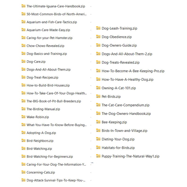 May include: A collection of zipped files with titles related to pet care, bird watching, and animal training. Topics include dog training, cat care, bird care, and general pet health. The file names are displayed in a list format.