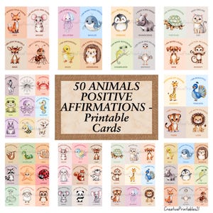 50 afirmaciones positivas de animales adorables en arte mural digital y tarjeta imprimible, para niños, estudiantes y bebés, decoraciones para el aula, amor propio
