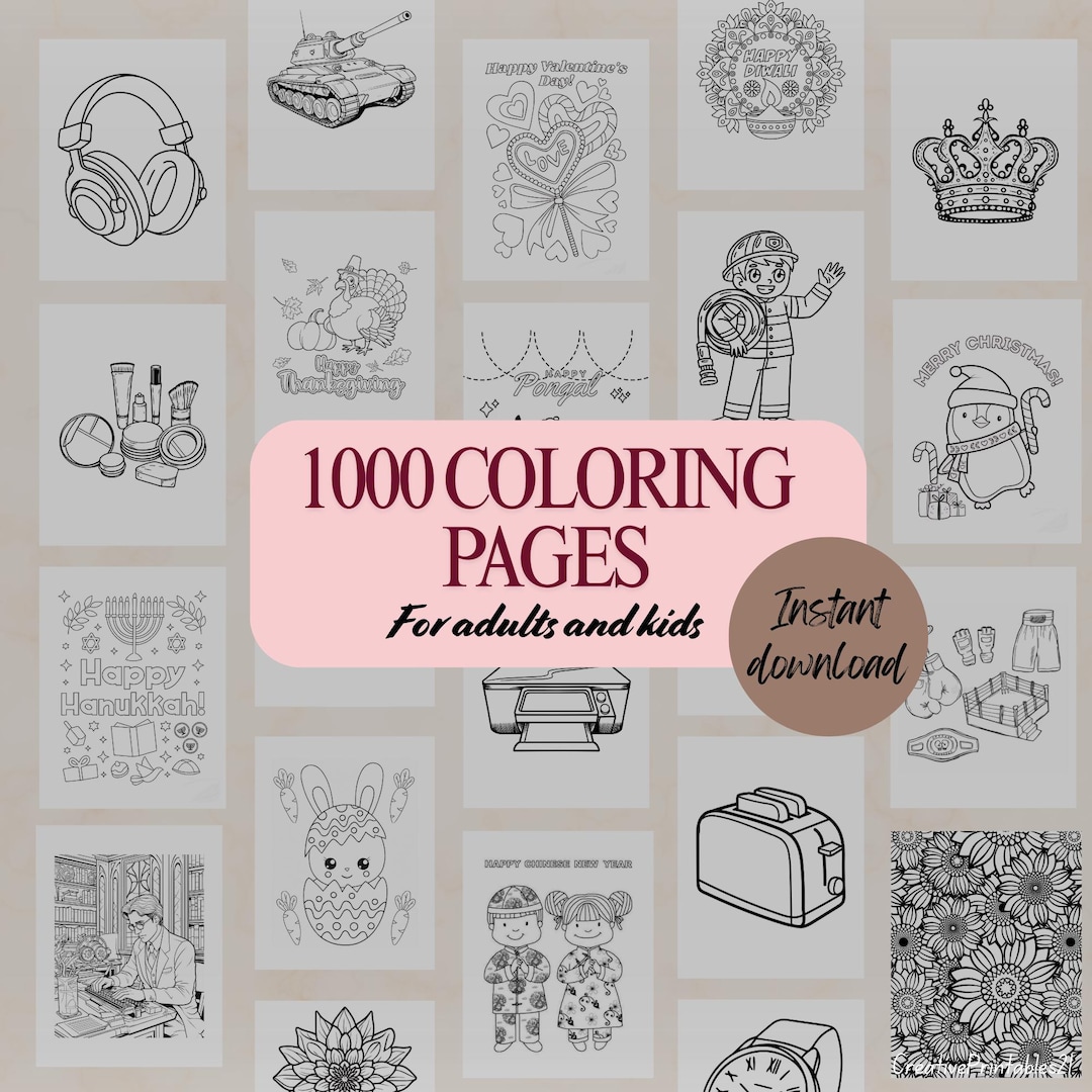 1000 Coloring Pages for Kids and Adults, Creativity, Instant Download ...