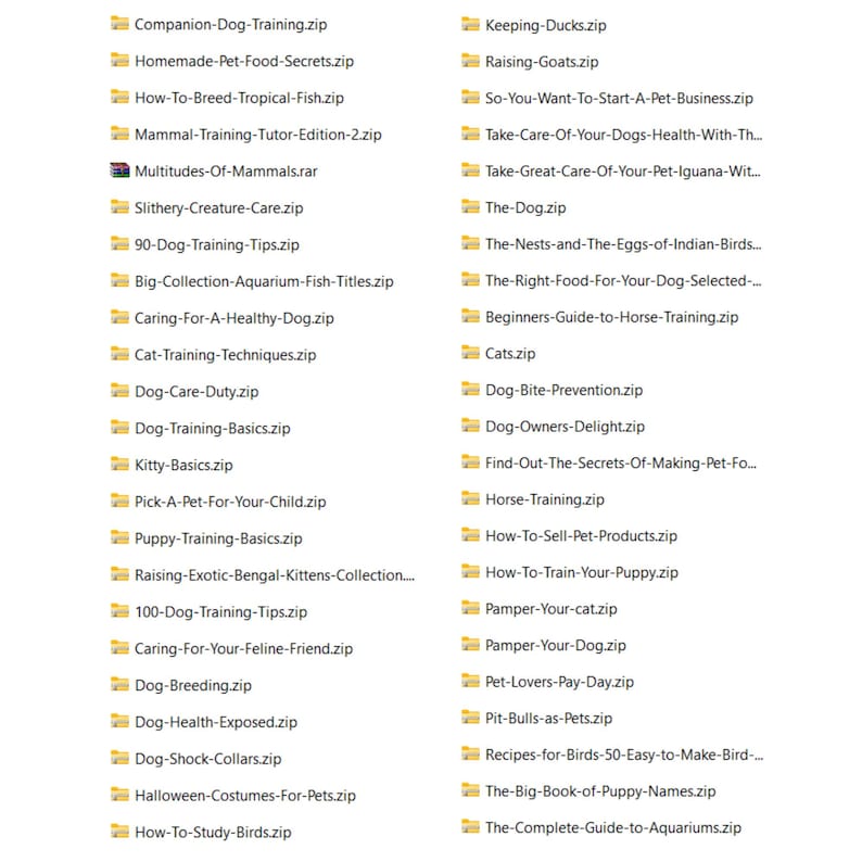May include: A collection of zipped files with titles related to pet care and training. Topics include dog training, cat care, aquarium guides, and exotic pet care. The files are organized alphabetically and are displayed on a white background.