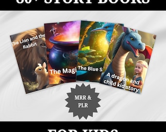 Op de afbeelding: Een verzameling van vier kinderboeken met kleurrijke omslagen. De omslagen tonen illustraties van een leeuw en een konijn, een ketel, een blauwe vogel en een draak. De tekst op de omslagen luidt "The Lion and the Rabbit", "The Magi", "The Blue S" en "A dragon and child kid story". De tekst "MRR & PLR" staat op een stervormige sticker.