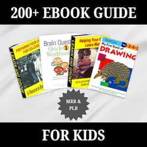 Op de afbeelding: Een verzameling van vier kleurrijke educatieve e-books voor kinderen met titels als "Brain Quest Grade 1 Workbook", "Helping Your Child Learn Math" en "My First Book of Drawing". De e-books maken deel uit van een gids met meer dan 200 e-books voor kinderen.