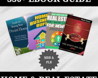 May include: A collection of ebooks on home and real estate topics. The ebooks include titles like "Guide to Buying Your Dream Home", "Home Business Budget Buffer", "Real Estate Money Making Techniques for Newbies", and "Home Security Made Easy". The ebooks are displayed on a white background with a black starburst in the center.