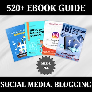 May include: A collection of five ebook covers with titles like "Drive Traffic With Hashtags", "Influence Marketing School", "Latest Instagram Workflow", "Facebook Power User Tips", and "101 Facebook Tips". The covers are colorful and feature various graphics, including a hashtag symbol, a person's face, a camera icon, and a Facebook logo. The text "MRR & PLR" is also visible on the image.