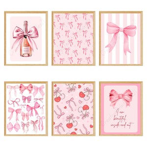 Trendig väggkonst med rosa rosetter, set om 6, estetisk flickig poster, inredning i studentlägenhet, akvarell rosetttryck, kokett rumsdekor, flicksaker