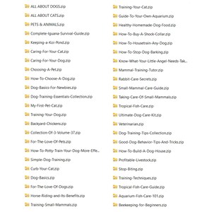 May include: A list of zipped files with titles related to pet care, including topics like dog training, cat care, and aquarium maintenance. The file names are displayed in a sans-serif font against a white background.