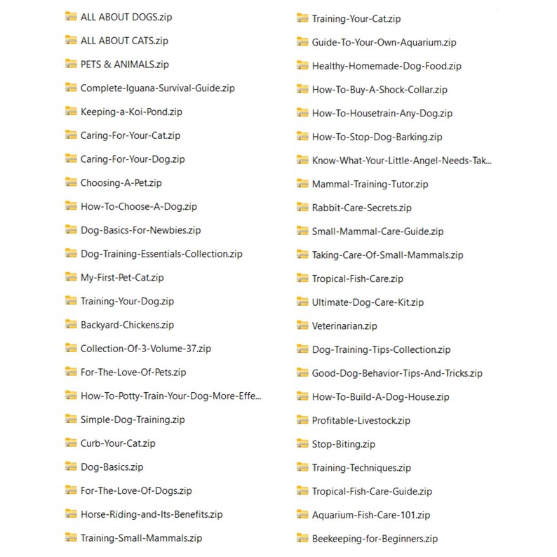 May include: A list of zipped files with titles related to pet care, including topics like dog training, cat care, and aquarium maintenance. The file names are displayed in a sans-serif font against a white background.