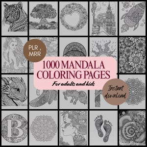 Puede incluir: Un collage de 16 páginas para colorear de mandalas en blanco y negro para adultos y niños. El texto "1000 páginas para colorear de mandalas" está en un cuadro rosa con las palabras "Para adultos y niños" debajo. El texto "Descarga instantánea" está en un cuadro marrón.