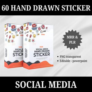 究極のソーシャルメディア手描きステッカー60枚、MRR、PLR、ブロガーやインフルエンサー、コンテンツクリエイター向けのクリエイティブデジタルデコレーション、DFY、編集可能なアイコン