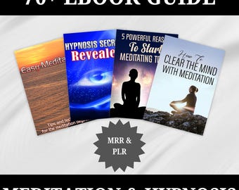 Paquete completo de más de 70 libros electrónicos de meditación e hipnosis, coaching, curso digital, MRR, PLR, guía de relajación, mindfulness, bienestar y autocuidado.
