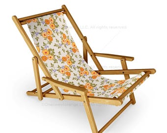 Sling Chair Sunny Florals Beige Beach Chair Floral Pattern Recliner Patio Chair Folding Lounge Chair Light Seaside Floral Sling Chair