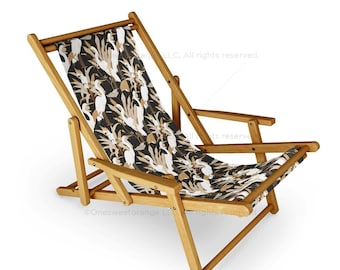 Sling Chair White Cranes Cockatoo Beach Chair Bird Pattern Recliner Patio Chair Folding Lounge Chair Light Seaside Crane Sling Chair