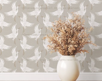 Wallpaper Cranes Neutral Panel Self-adhesive Woven Polyester Fabric Wallpaper Easy to Stick On and Off Crane Wallpaper Heron Wallpaper