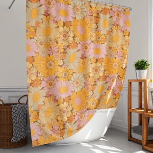 Shower Curtain Retro Florals 70s Brown Bathroom Curtain Mat Set Shower Liner Bathroom Curtain Set Floor Mat Shower Curtain w Rings